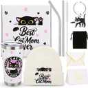 6 Pcs Cat Mom Gifts for Women Include Cute Cat Beanie 20 Oz Tumbler Greeting Cards Keychain Storage Bag Gift box for Birthdays Mother's Day Christmas (White)