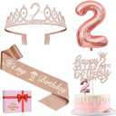 2nd Birthday Decorations for Baby Girls, Including 2nd Birthday Sash and Tiara, Cake Topper and Candle, Number Balloon, 2 Year Old Gifts for Girls