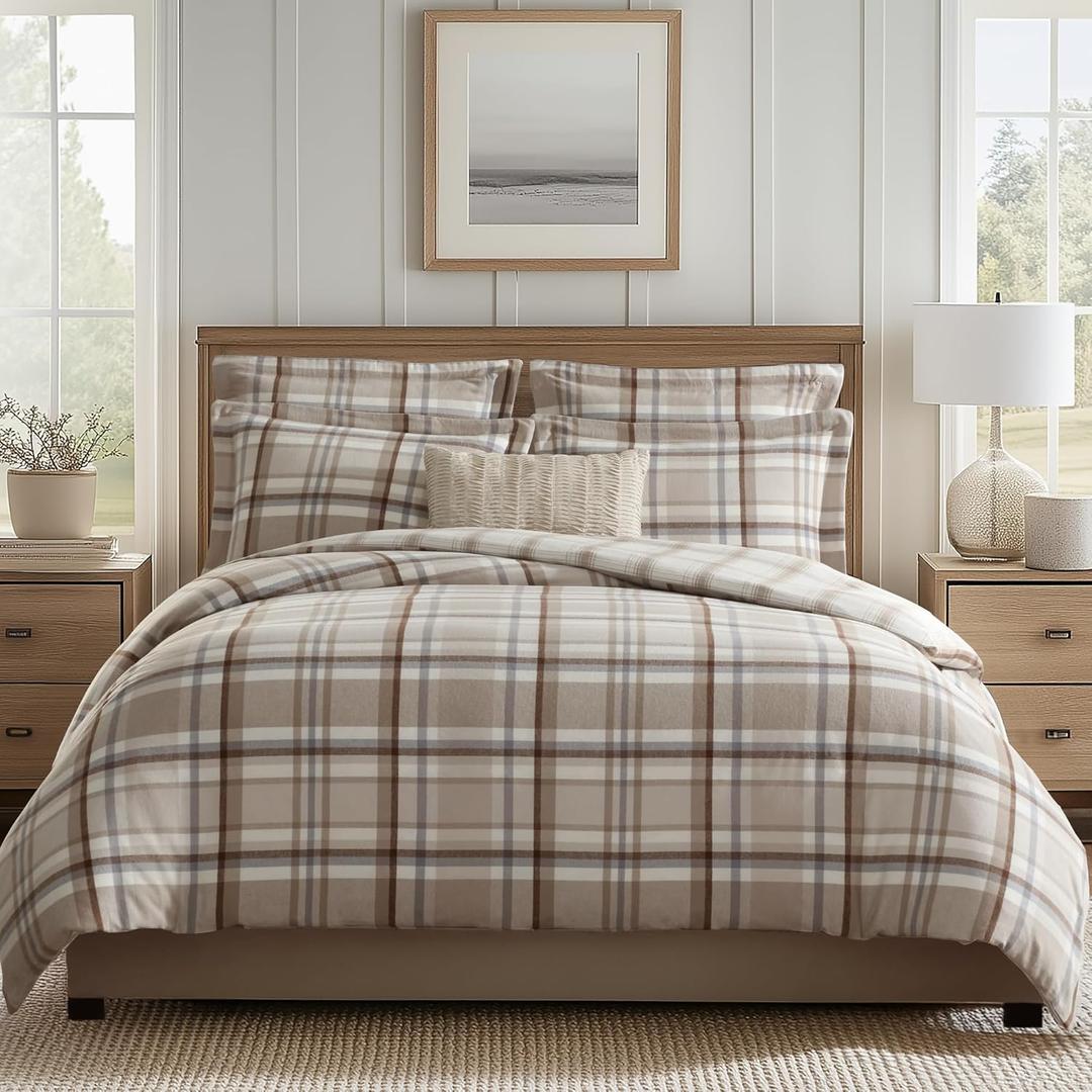 Levtex Home - Spencer Plaid Neutral - King Comforter (106x94in.) + Two King Shams (20x36in.) - Plaid - Beige Tan Cream - Reversible - Brushed Flannel