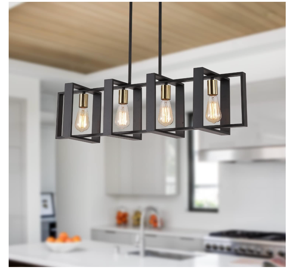 35.4" Kitchen Island Lighting Fixture, Dining Room 4 Lights Chandeliers, Black Wood+Metal Pendant Light for Foyer Hallway Living Room