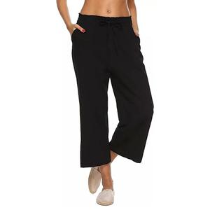LNX Womens Linen Capri Pants Wide Leg High Waisted Drawstring Casual Cropped Pants with Pockets Black, Large 