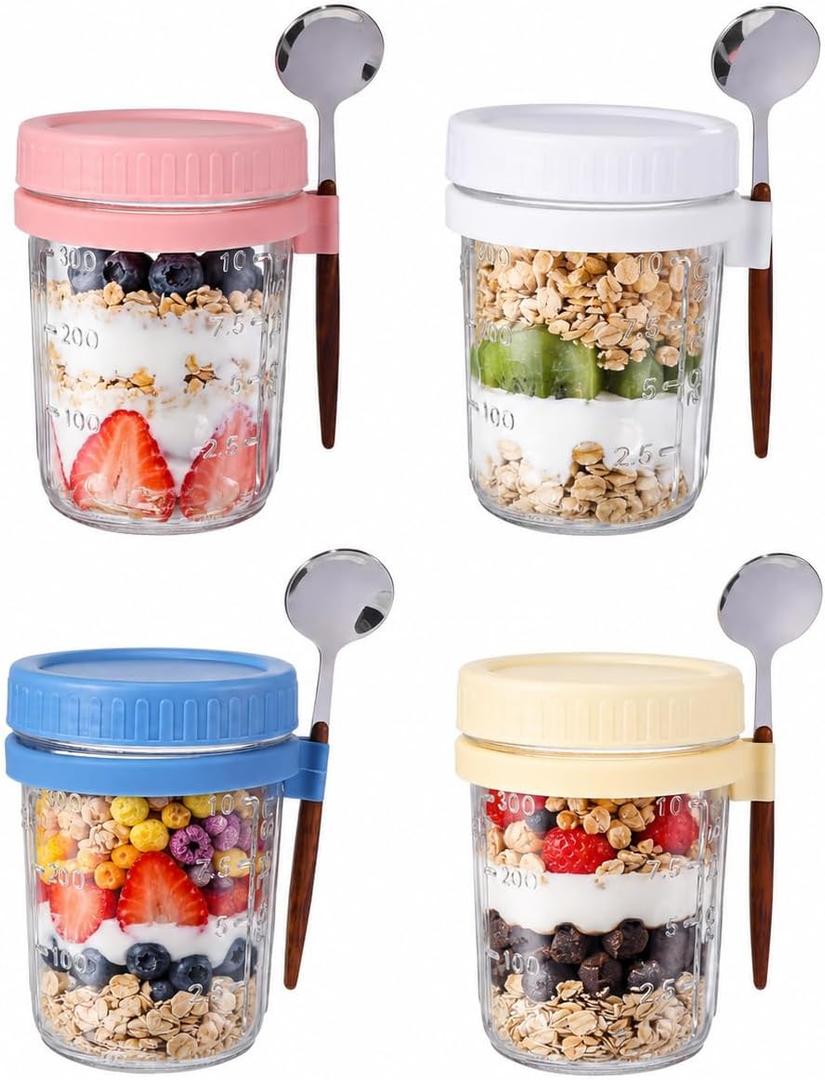 4 Pack Overnight Oats Jars with Lids Spoons: 12oz Glass Yogurt Pudding Cups - Portable Breakfast Container for Office Fitness