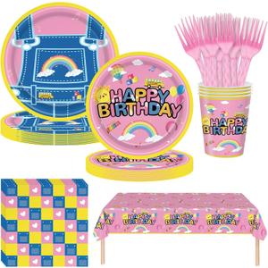 121PCS Girls Birthday Party Supplies - Pink Happy Birthday Cartoon Teacher Plates and Napkins Set with Tablecloth, Cups, Forks Disposable Girls Party Decoration for 24 Guests