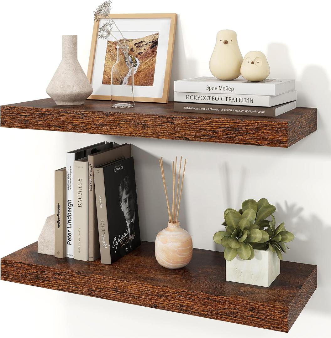 Floating Shelves for Wall, 9.3" Deep Wall Mounted Wood Shelves for Bathroom, Bedroom, Living Room, Kitchen, Hanging Shelf for Books/Storage/Room Decor (Brown, 24") Set of 2