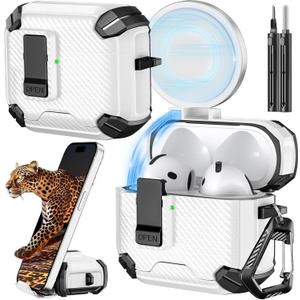 Inesore Compatible with AirPods 4th Case with Phone Stand & Cleaning Kit,Compatible with Magsafe,Magnetic Automatic Lock for Airpods 4 with Active Noise Cancellation Charging Cover (2024) (White)