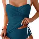 B2prity Tankini Swimsuits for Women Tummy Control Two Piece Bathing Suit High Waisted Wrap Swim Suit with Bottom Swimwear (Large, Peacock Green, White)