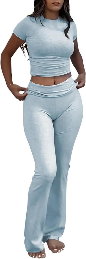 ZFLM Casual Workout Two Piece Outfits for Women Short Sleeve Crop High Waist Foldover Flare Pants Tracksuit Sets Streetwear, XL