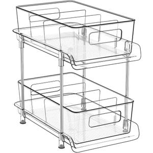 HIHEGD 2 Tier Bathroom Storage With Dividers, Clear Under Sink Pull Out Organizer for Kitchen Pantry, Medicine Cabinet