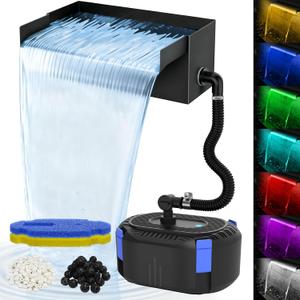 AquaMiracle Pond Waterfall Kit with Lights | 12" Stainless Steel Waterfall Spillway & 850GPH Water Pump | 4-Stage Filtration | Remote Control LED | for Pond, Pool, Backyard | for 500-750 Gal Water