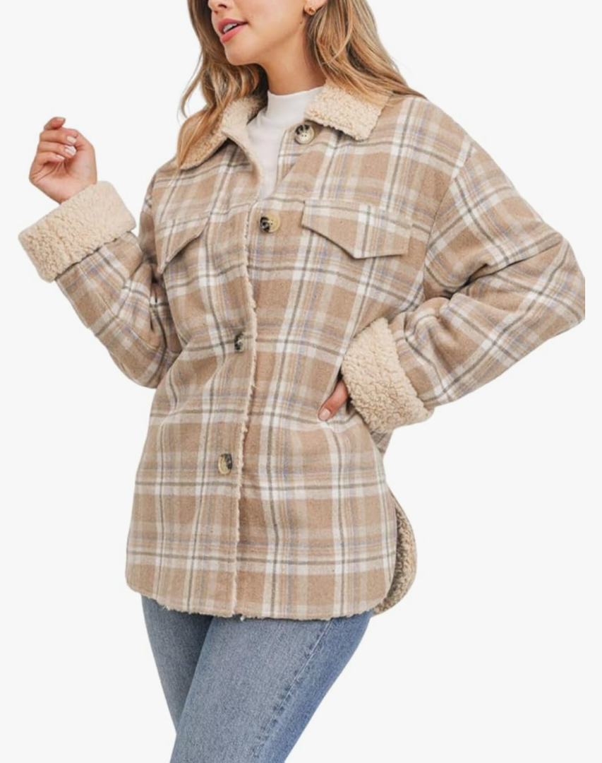 Dokotoo Winter Coats for Women Button Down Plaid Flannel Shirts Warm Sherpa Fleece Jacket Size XXL,Khaki