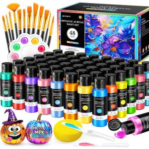 64 PCS Metallic Acrylic Paint Set with 12 Brushes, 2 Knives & Palette, 48 Colors (2oz/60ml) Art Craft Paint for Adults Kids Artists Beginners, Halloween Pumpkin Canvas Ceramic Rock Painting Kit 64 PCS Metallic Acrylic Paint Set with 12 Brushes, 2 Knives & Palette, 48 Colors (2oz/60ml) Art Craft Paint for Adults Kids Artists Beginners, Halloween Pumpkin Canvas Ceramic Rock Painting Kit