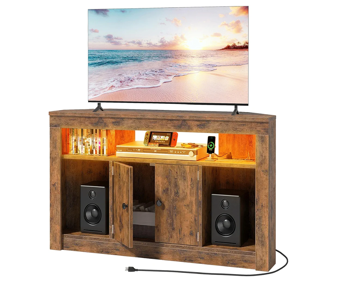 GYIIYUO Full Wooden Corner TV Stand with Power Outlet and LED Light for 50 55 inch TV, Corner Entertainment Center with Cabinet and Open Storage Shelves, Rustic Brown