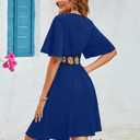 LightlyKiss Women's Blue V-Neck Short Bell Sleeve A-Line Cocktail Dress with Embroidered Belt Summer Beach Party Wedding Guest Evening Dress (Blue, XL)