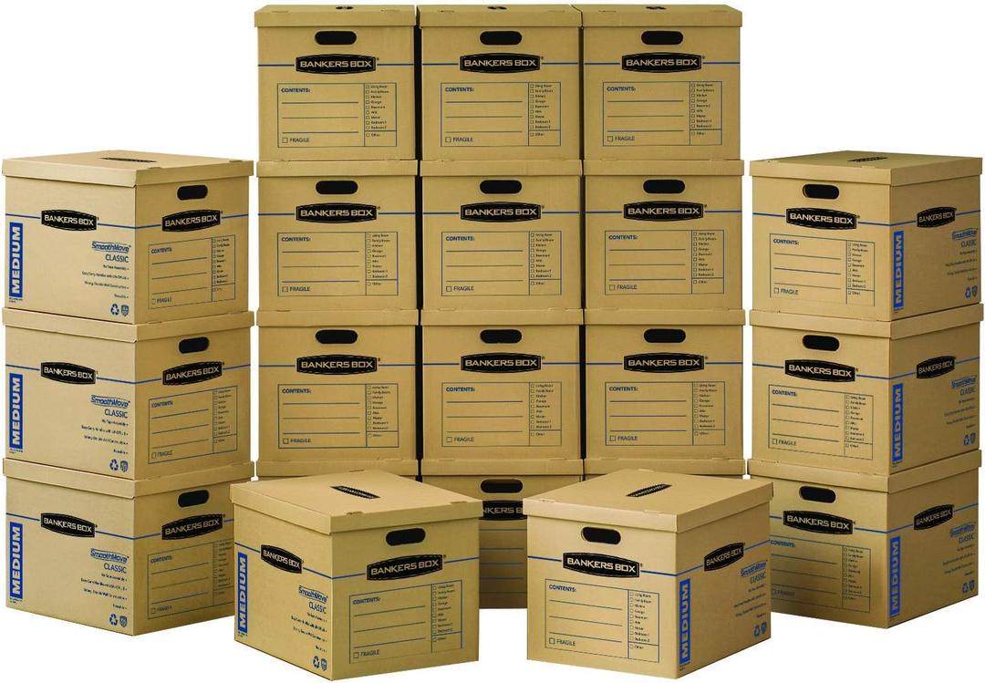 Bankers Box Medium Classic Moving Box, 20-Pack, Reinforced Handles, Tape-Free Assembly, 19 x 14.5 x 15.5 Inches (8817202)