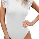 Missufe Women's Round Neck Ruffle Flutter Sleeve Slim Fit Ribbed Knit Casual Summer Bodysuit Tops (Large, White)