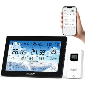 Raddy N90 Wi-Fi Weather Station with 8.8" Display, Smart App Connectivity, Indoor Outdoor Thermometer with Wireless Sensor, Temp & Humidity Monitor, PM2.5/AQI/UVI, 5-Day Forecast, Sunrise/Sunset Time