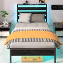 Twin Bed Frame with Headboard, Platform Bed with LED & Charging Station, Heavy Duty Metal Slats, No Box Spring Needed, Noise Free, Easy Assembly, Black
, 106x32x17.5 Cm