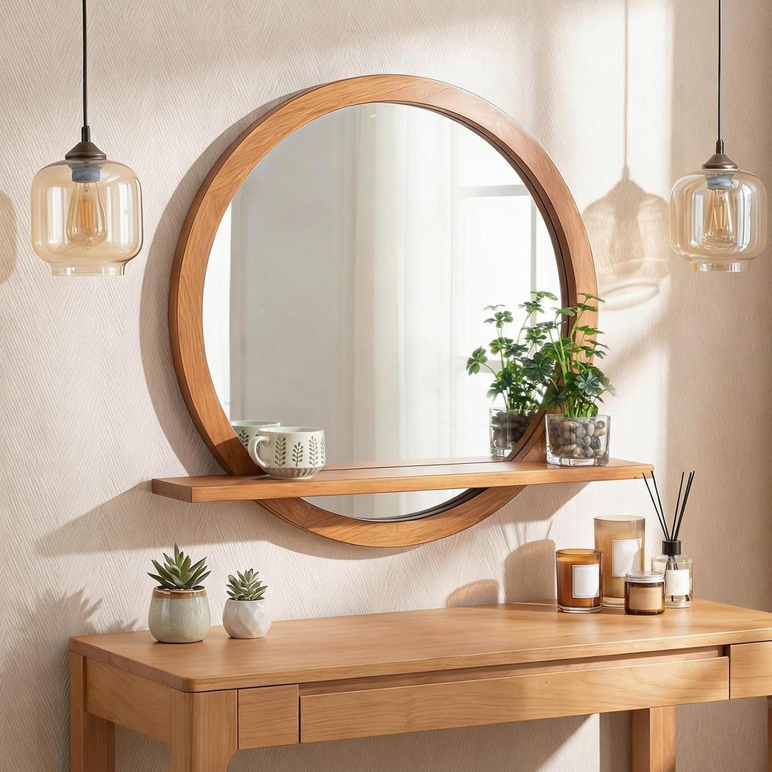 Vercraft 24 Inch Round Wall Mirror with Shelf Solid Wood Frame Rustic Circle Mirror Handcrafted for Entryway Bathroom or Living Room Decorative