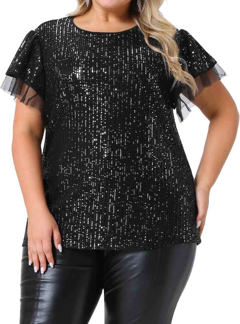 Agnes Orinda Plus Size Sequin Tops for Women Ruffle Short Sleeve Glitter Party Shirt Sparkle Club Night Blouse Top, 2X