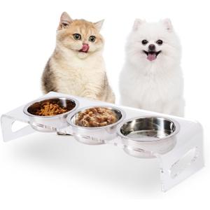 Tilted Raised Elevated Food and Water Bowls Stand for Cat or Small Dogs - Puppy's Clear Acrylic Stainless Steel 3 Dishes Holder for Boy or Girl Pet by WBhonghui (Clear-3bowls)