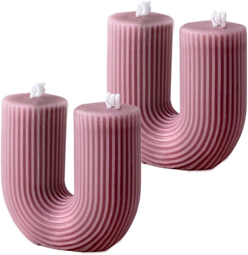 2PCS Dark Pink Boho Pillar Candle, Aesthetic U Shaped Soy Wax Pillar Candles Decorative Geometric Striped Cool Candles for Pink Room Trend Room Shelf Fun Decor