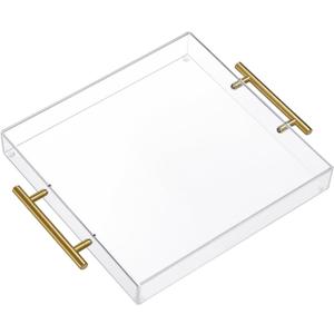 12"x12" Clear Acrylic Serving Tray with Golden Handles, Sturdy Huge Capacity Acrylic Trays for Coffee, Juice, Kitchen and Desk Organizer, Storage Tray 