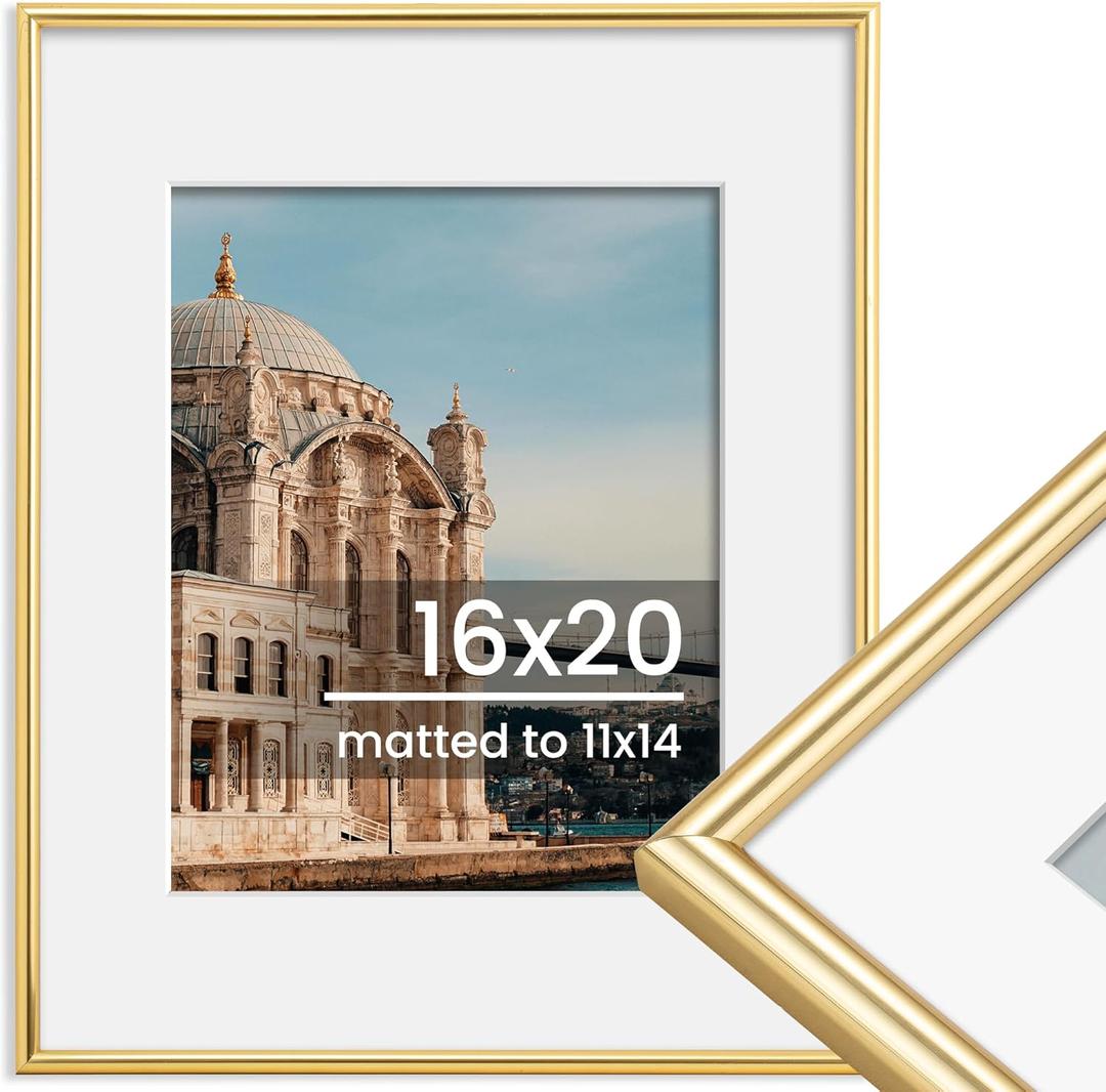 16x20 Picture Frame, Display Pictures 11x14 with Mat or 16x20 Without Mat, Wall Hanging Photo Frame, Gold, 1 Pack