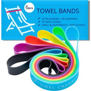 Towel Bands (6-Pack), Beach, Pool & Cruise Chairs, Extra Durable, No Snapping, Cruise Ship & Beach Essentials, Great Alternative to Beach Towel Clips (Red, Blue, Black, Green, Yellow, Purple)