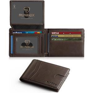 RUNBOX Wallet for Men Slim Rfid Leather 2 ID Window With Gift Box (Classic Coffee-15 slots)
