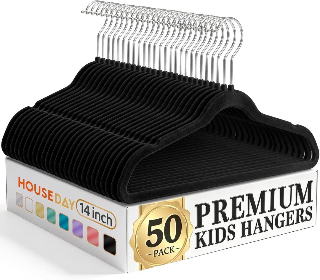 HOUSE DAY 14 Inch Kids Velvet Hangers 50 Pack, Durable Big Kid Hangers for Youth, Teen, Non Slip Kids Felt Hanger, Cute Childrens Hanger for Closet, Black