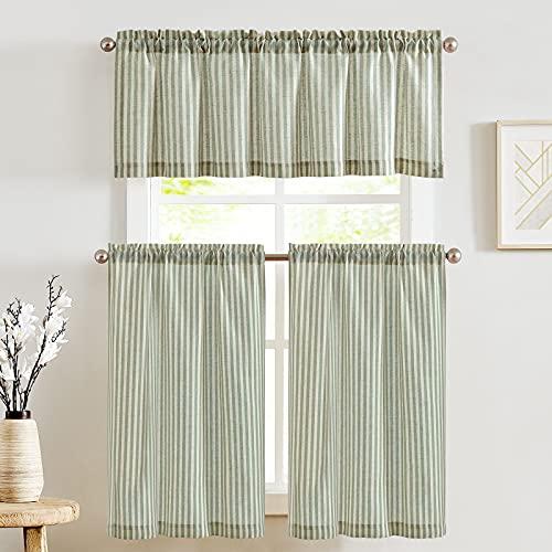 jinchan Striped Kitchen Curtains and Valance Set 24 Inch Tier Curtains Ticking Stripe Linen Small Drapes Pinstripe for Cafe Living Room Bathroom Farmhouse 3 Pieces Set Rod Pocket Sage Green