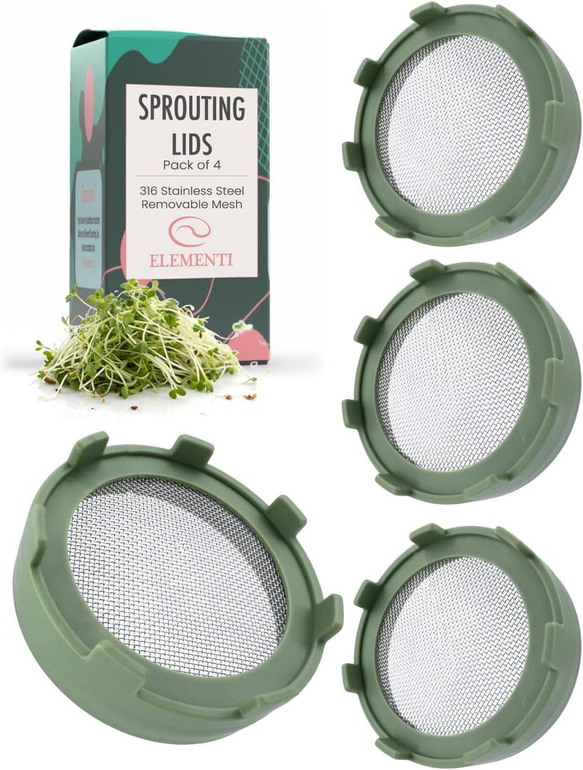 Elementi Sprouting Lids for Wide Mouth Mason Jars (Set of 4), Sprouting Jar Kit for Organic Alfalfa & Mung Bean Sprouts Growing Kit, 316 Stainless Steel Mesh Screen Strainer Lid (Sage Green)