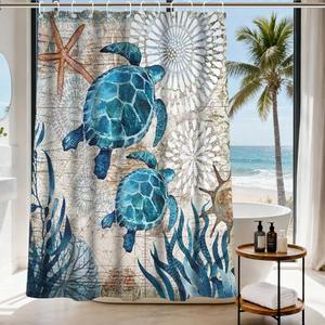 Final Friday Nautical Green Sea Turtles Beach Theme Fabric Shower Curtain Sets Bathroom Blue Ocean Decor with Grommets and Hooks - 72 x 72 Inch Teal