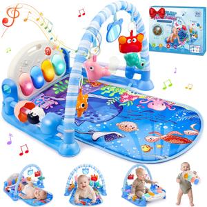Baby Gyms Play Mats, Baby Toys Tummy Time Mat, Baby Activity Mat Play Piano Gym with 5 Sensory Toys for Babies, Music and Lights Boy & Girl Gifts for Infant Newborn Baby 0-3 4-6 6-9 6-12 Months (Blue)