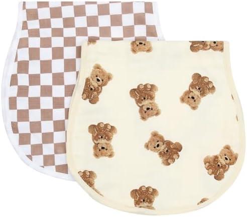 LifeTree Muslin Baby Burp Cloths - 2 Pack 70% Viscose from Bamboo and 30% Cotton Large 22'' by 10'' Absorbent Milk Spit Up Rags - Burping Cloths for Newborn, Girls Boys, Bear and Checkered