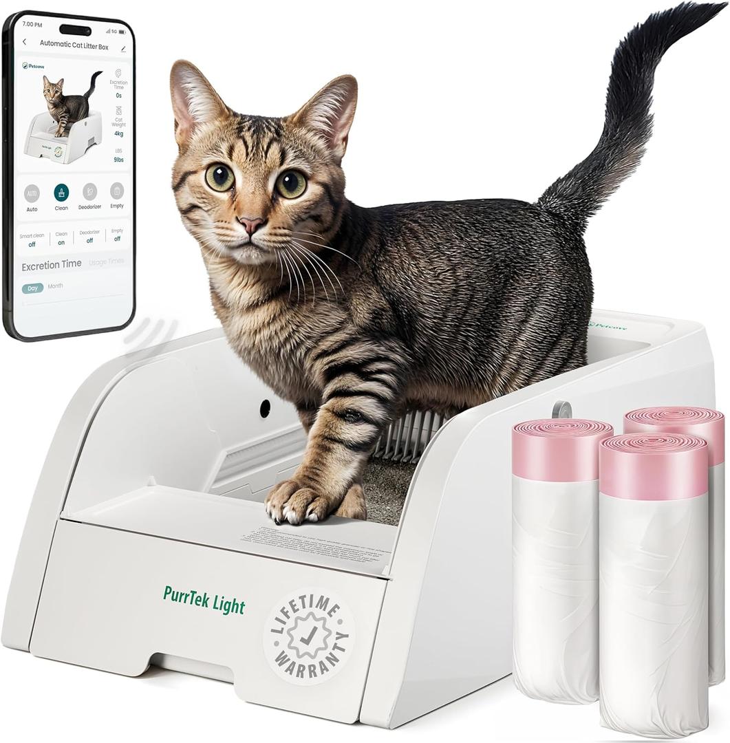 Petcove Self Cleaning Automatic Litter Box for Multi Cat Open Top/Quiet Operation 45 dB/Odor Control/Dual Anti-Pinch Safety/Easy App Control with Ultra Fast 5 GHz Wi-Fi - 60 Count Litter Bags