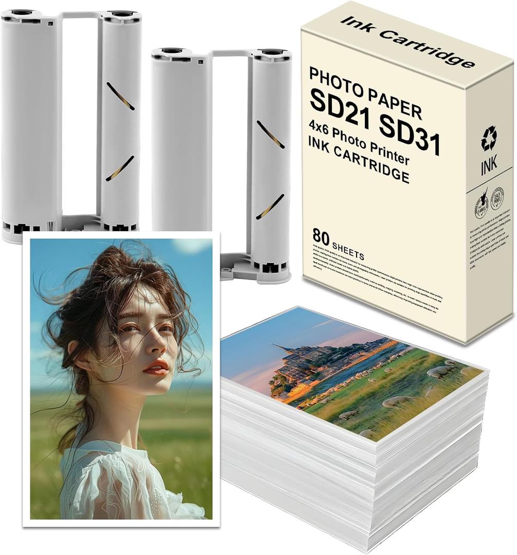 Photo Paper SD21 SD31 Compatible with DHP512 DHP513 Photo Printers Compatible for Amber M100 M200 4x6'' Photo Printer Ink Cartridge(80 Sheets paper and 2 Cartridges Refill)