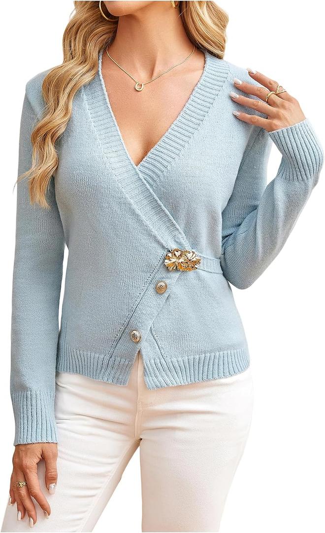 MakeMeChic Women's Metal Button Up Sweaters Cardigan Wrap V Neck Tie Back Long Sleeve Knit Tops (M)