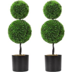 2 Pack Fake Shrubs Plants Potted,24" 2FT Artificial Topiaries Cypress Ball Tree,Faux Topiary Ball Trees for Front Door Porch Decor Lifelike Fake Plant Greenery Arrangements-2 Ball Green (2ft 2ball)