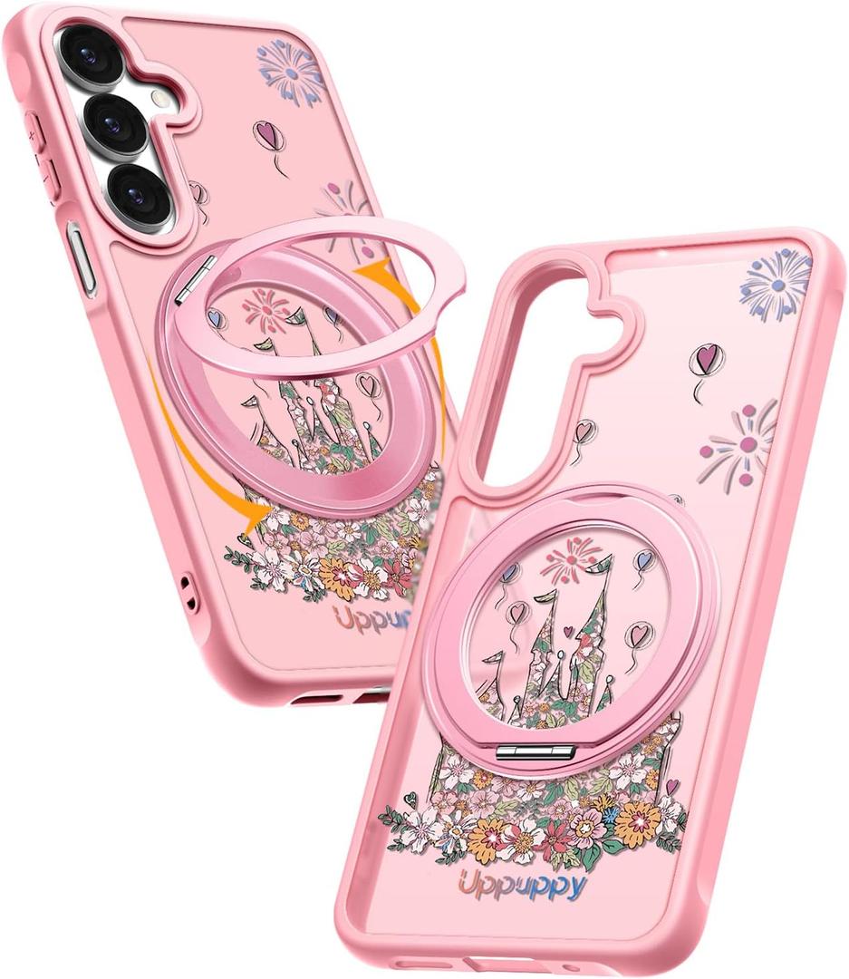 Uppuppy for Samsung Galaxy A16 4G/5G Case- Compatible with MagSafe for Women Girls Bulit-in 360 Rotatable Magnetic Ring Holder Kickstand Cute Aesthetic Pink Castle Design for Samsung A16