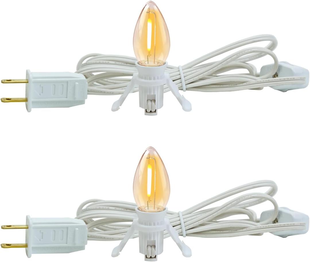 2 Pack Accessory Cord with 2 C7 Led Light Bulb Candelabra-Base E12 Socket White Cord with On/Off Switch Plugs for Holiday Decorations Christmas Village House