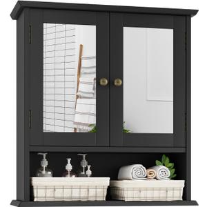 Bathroom Wall Cabinet, Black Bathroom Cabinet with 2 Mirror Doors and Adjustable Shelf, Wall-Mounted, Medicine Cabinet, 21.5" W x 7.8" D x 23.6" H