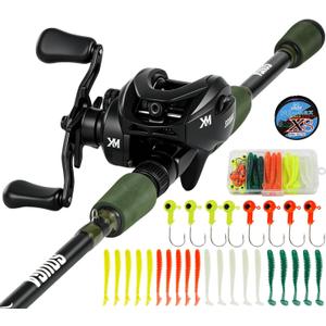 SOUGA Fishing Rod and Baitcaster Reel Combo, 6ft Medium 2-Piece Casting Rod with 6.4:1 Baitcasting Reel Combos, 100m Braided Line, EVA Handle, Jig Heads & Soft Lures for Freshwater Bass Fishing, One Size