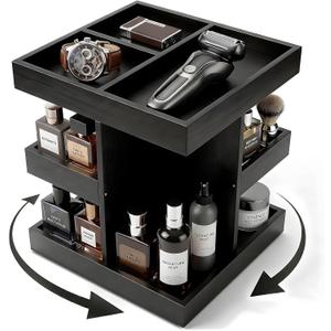 360 Rotating Cologne Organizer for Men - Heavy-Duty Wood Grooming Station | Perfume Stand & 9-Compartment Dresser Display for Shaving Kit, Skincare & EDC. Luxury Gift for Husband, Dad & Son, Black