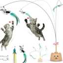 Interactive Cat Toys for Indoor Cats: Upgraded 360 Automatic Spin Flying Bird Feather Wand with Silicone Protected Rod Safe Play, Strong 8cm Suction Cup, USB-Rechargeable for Bored Kittens and Adult (Brown)