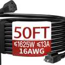 16/3 50 FT Outdoor Extension Cord Waterproof, Weatherproof & Flame Retardant Black 3 Prong Power Cord Outside for Lawn & Garden, 13 Amps 1625 Watts 125 VAC 16AWG SJTW, ETL Listed