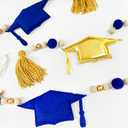 Blue Gold Graduation Decorations Pre-Strung Handmade Metallic Fabric Felt Grad Cap Banner Wool Felt Ball Wooden Beads Grad Hat Garland for Graduation 2026 Party Supplies Home Fireplace Mantle Decor