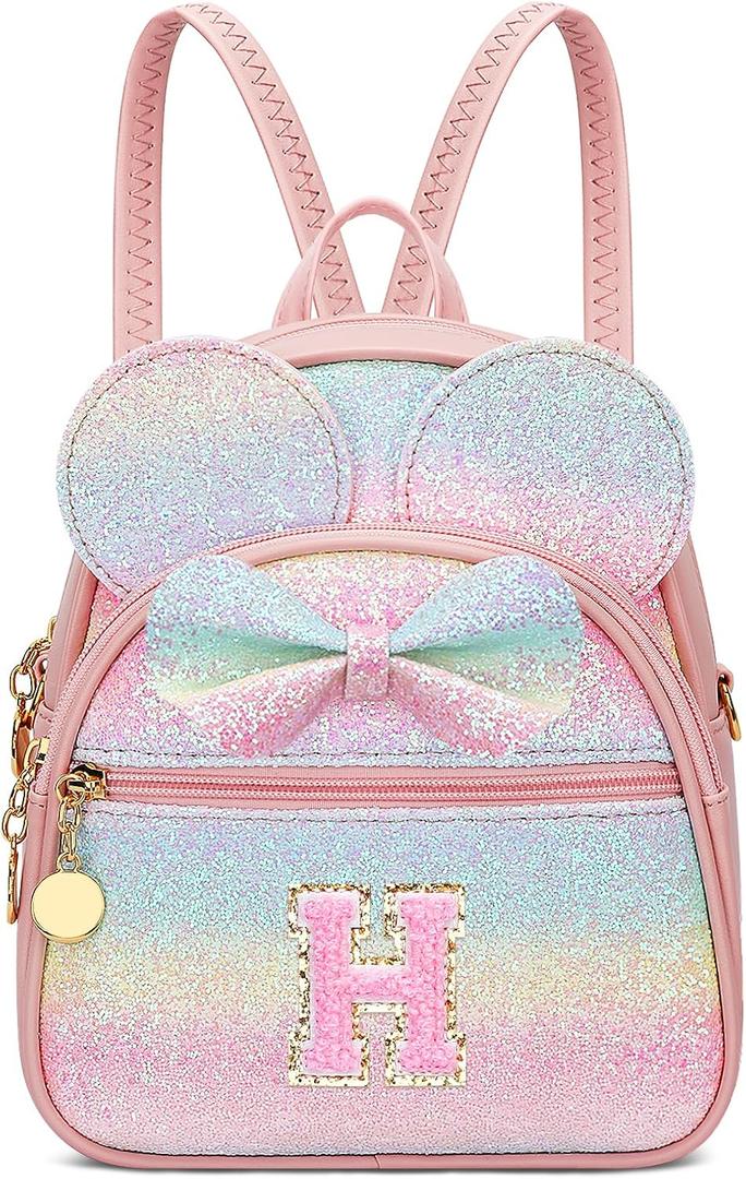 KKXIU Initial Bowknot Mini Backpacks for Girls Women, Small Cute Backpack Purse, Personalized Birthday Gifts for Toddler, Kids and Teen Girls(H, Rainbow)