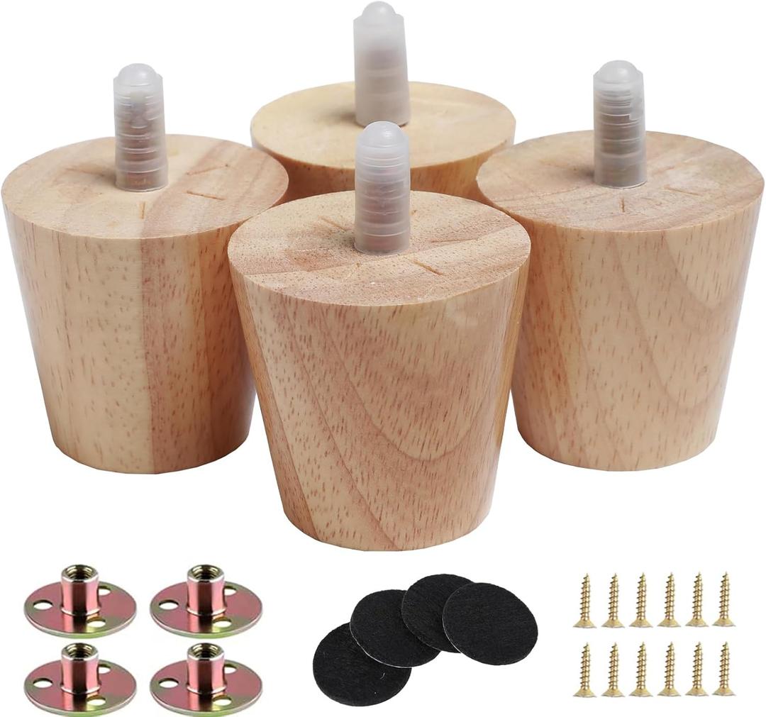 2" Round Solid Wood Furniture Leg Set of 4 Mid-Century Modern Sofa Couch Bed Coffee Chair Desk Straight Feet Legs with Pre-Drilled 5/16M8 Inch Bolt& Screws& Rubber Pads (2, 4sets)