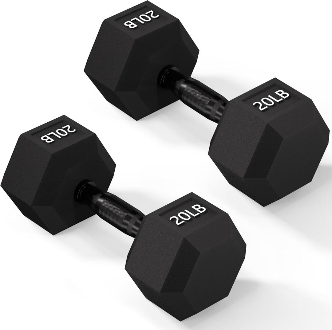 Rubber Encased Exercise & Fitness Hex Dumbbell, Hand Weights with Anti-Slip Metal Handle for Home Gym, 20 LB, Single 